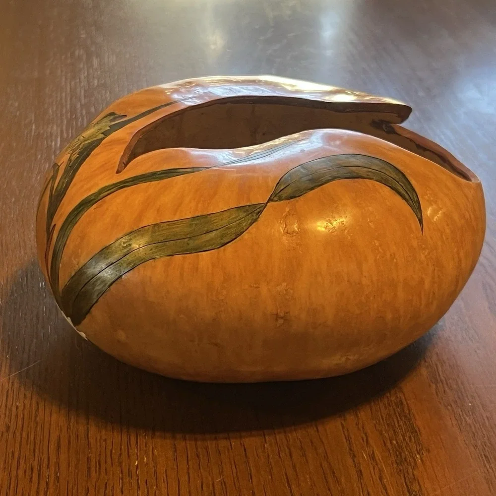Vintage Hand Painted Carved Gourd‎ Frog Lily Pad Art Natural Decorative Dish